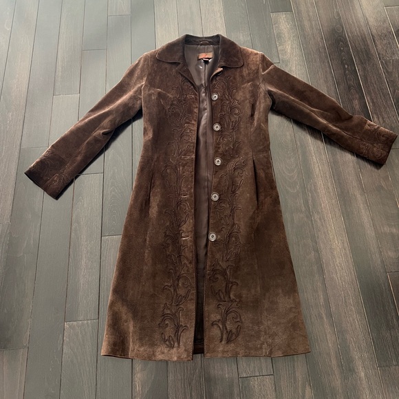 Danier Jackets & Blazers - Brown Suede Long Coat with Embroidered Detail